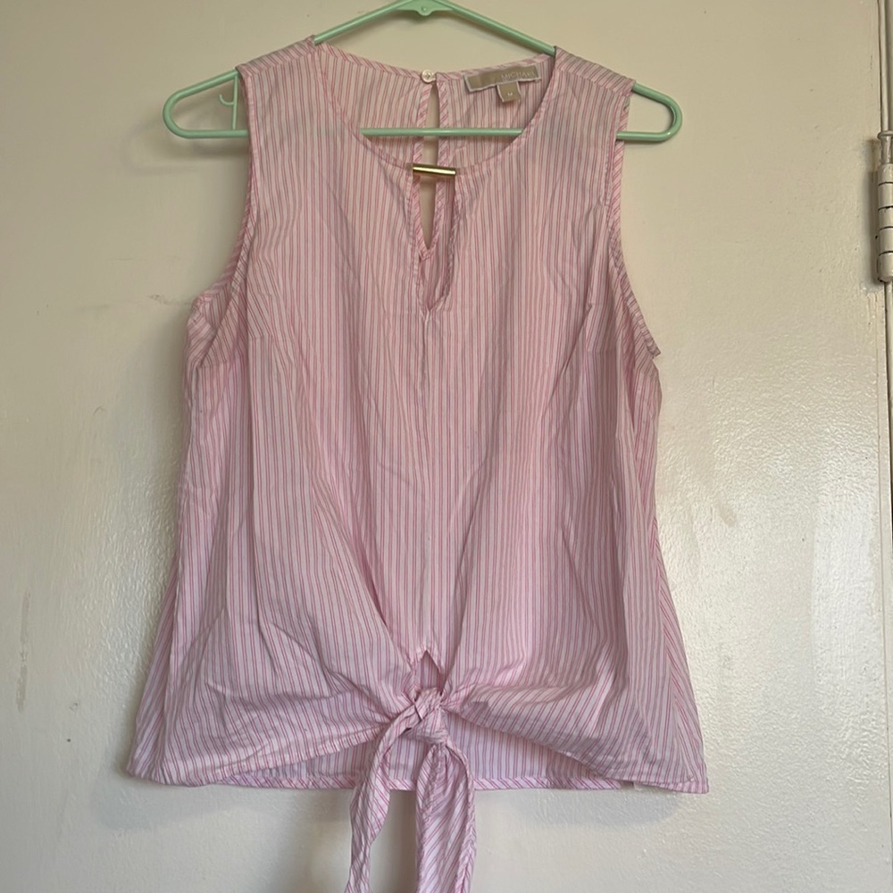 Pink and white striped tie front top with gold detail